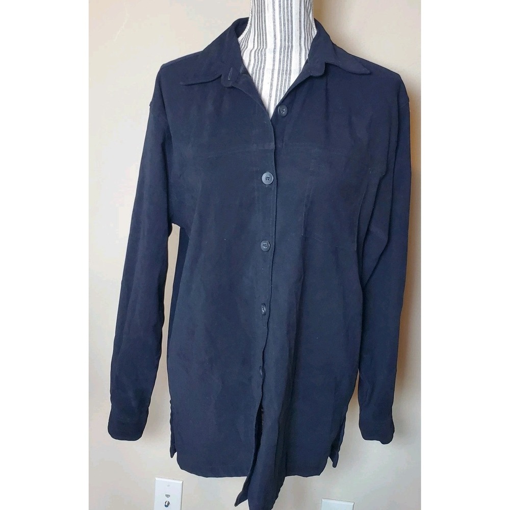 Classic Elements Women Black Faux Suede Longsleeve Button-Down Sz M